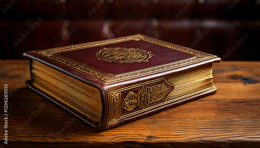 Luxurious antique book with ornate gold detailing rests on a rich wooden surface. Perfect for concepts of history, religion, knowledge, or luxury. Ideal for websites, blogs, or publications. Luxurious antique book with ornate gold detailing rests on a rich wooden surface. Perfect for concepts of history, religion, knowledge, or luxury. Ideal for websites, blogs, or publications.