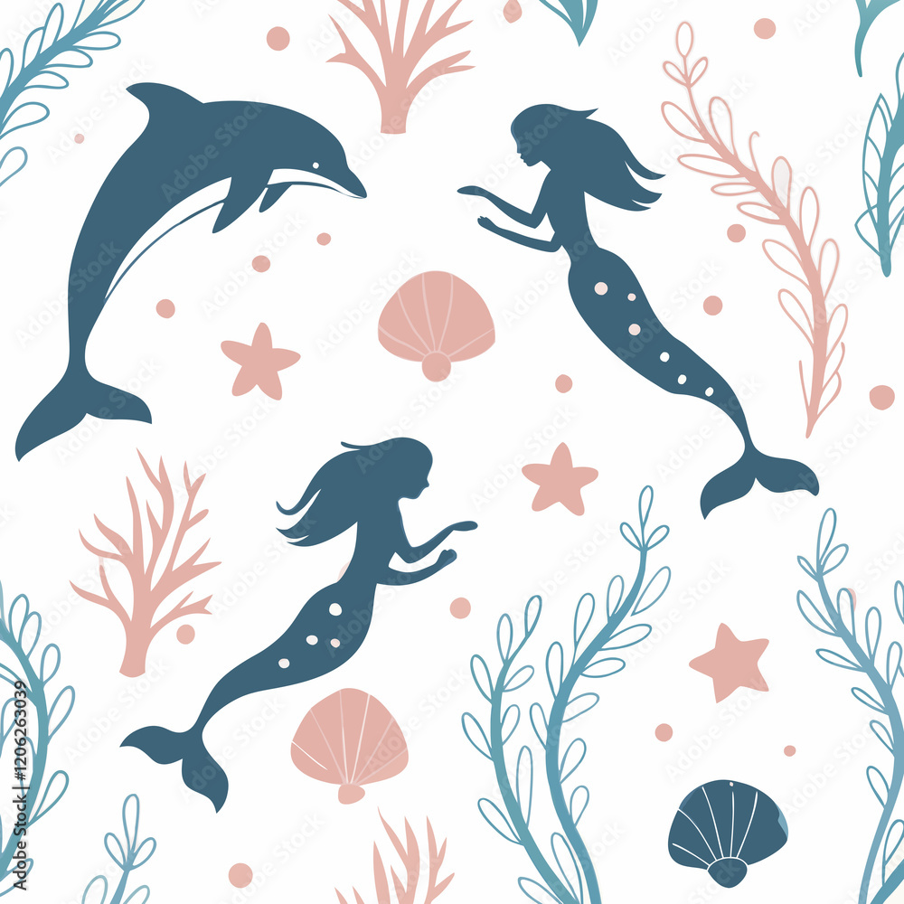 Fototapeta premium Mermaid and dolphin swimming in an ocean-themed pattern