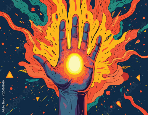 A close-up of a human hand, palm facing up, with a glowing light emanating from the center