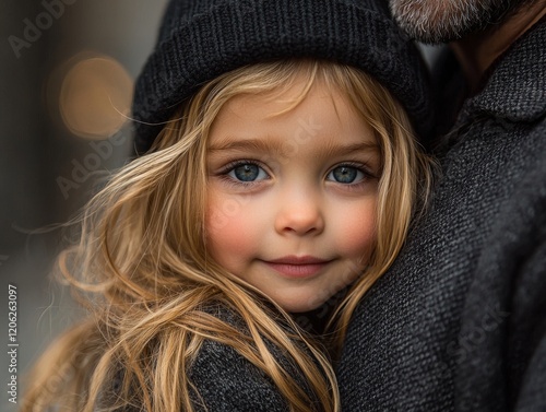 A tender portrait of a young girl in cozy winter attire being embraced by a loving parent outside photo