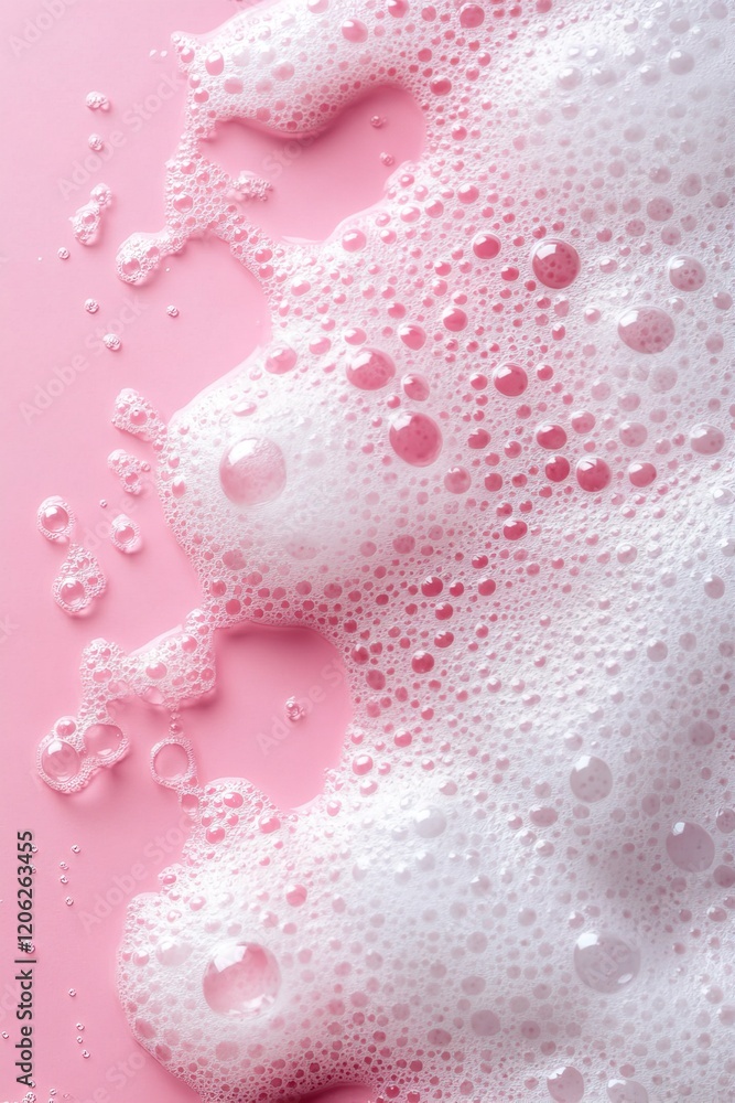 vertical image top view close-up white soap foam and bubbles on clean pink background vertical image top view close-up white soap foam and bubbles on clean pink background