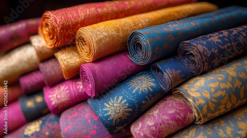 Vibrant silk fabrics in a wide array of colors displayed in a flowing arrange...