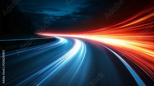 A striking visual of vibrant light trails sweeping along a highway, showcasing the dynamic speed and motion of lights moving through the night scenery.