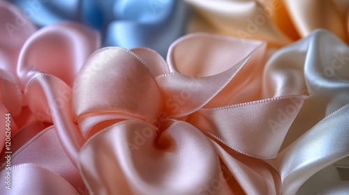Elegant silk ribbons in soft pastel colors arranged artistically on a texture...