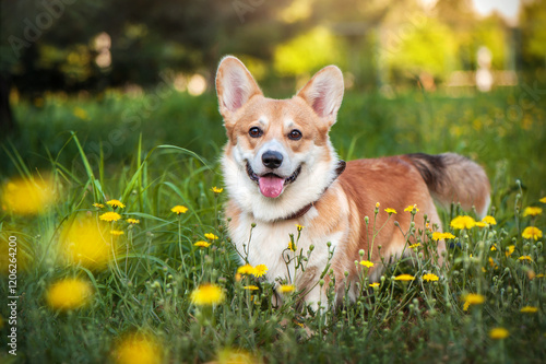 Happy smiling corgi dog among blooming field flowers