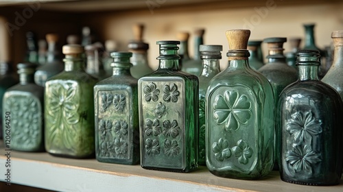 Vintage glass bottles with intricate designs displayed on a wooden shelf in w...