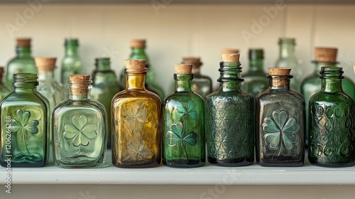 Vintage glass bottles with intricate designs displayed on a wooden shelf in w...