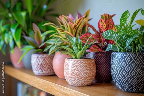 Colorful assortment of indoor plants in decorative pots against a textured wa...