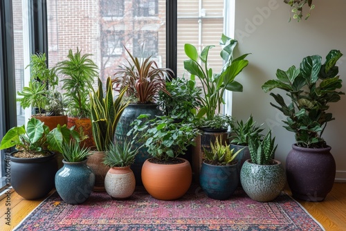 Colorful assortment of indoor plants in decorative pots against a textured wa...