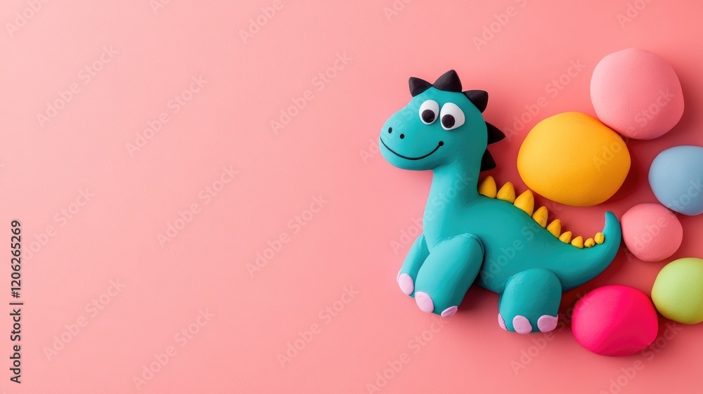 Cute turquoise dinosaur toy on pink background with colorful balls Cute turquoise dinosaur toy on pink background with colorful balls