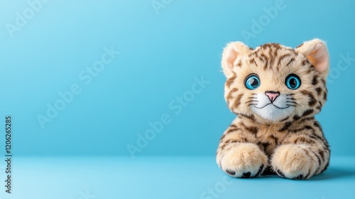 Cute plush tiger toy with blue eyes against backdrop