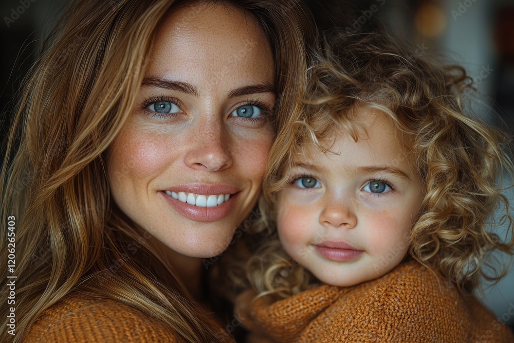 Mother and her curly-haired daughter smiling as they read a book together indoors Mother and her curly-haired daughter smiling as they read a book together indoors