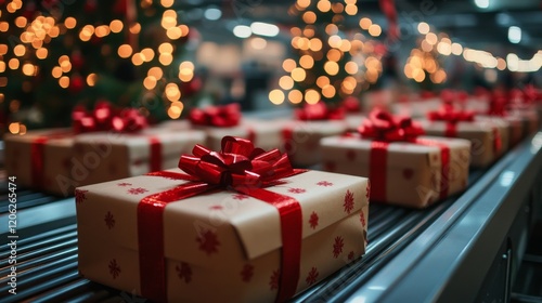 Wrapped Christmas gift boxes with red bows move on a conveyor belt, surrounded by festive lights and trees, symbolizing holiday preparation and spirit. photo