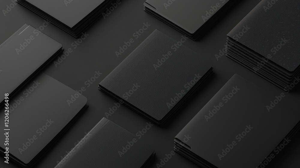 Group of black books arranged in a scattered manner on a dark grey background. the books appear to be of different sizes and shapes, with some being rectangular and others being square. Group of black books arranged in a scattered manner on a dark grey background. the books appear to be of different sizes and shapes, with some being rectangular and others being square.