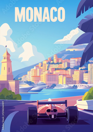 Retro Car Poster, Formula Racing Car on Monaco Circuit