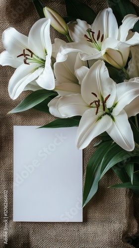 White lilies and blank card on dark textured background for elegant presentation