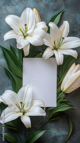 White lilies and blank card on dark textured background for elegant presentation