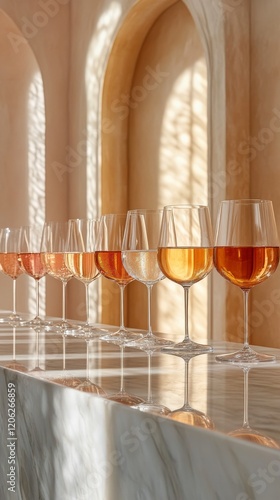 Colorful array of wine glasses displayed in elegant interior setting during d...