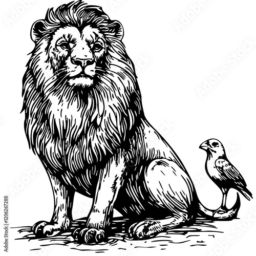 Detailed Hand-Drawn Sketch Illustration, Lion and Canary Bird in Monochrome Art, Transparent Background, Vector File 