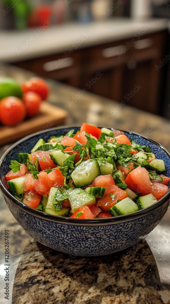 Fresh cucumber and tomato salad with cilantro in a decorative bowl on a kitchen countertop Fresh cucumber and tomato salad with cilantro in a decorative bowl on a kitchen countertop