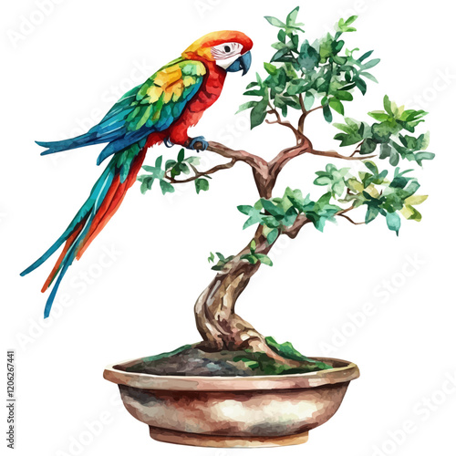 A watercolor drawing of a parrot tree bonsai, with intricate leaf patterns and a carefully shaped structure, isolated on a white background. Bonsai vector.
