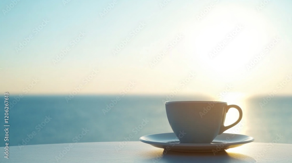 Obraz premium Sunrise Coffee by the Ocean: Peaceful Morning Moment