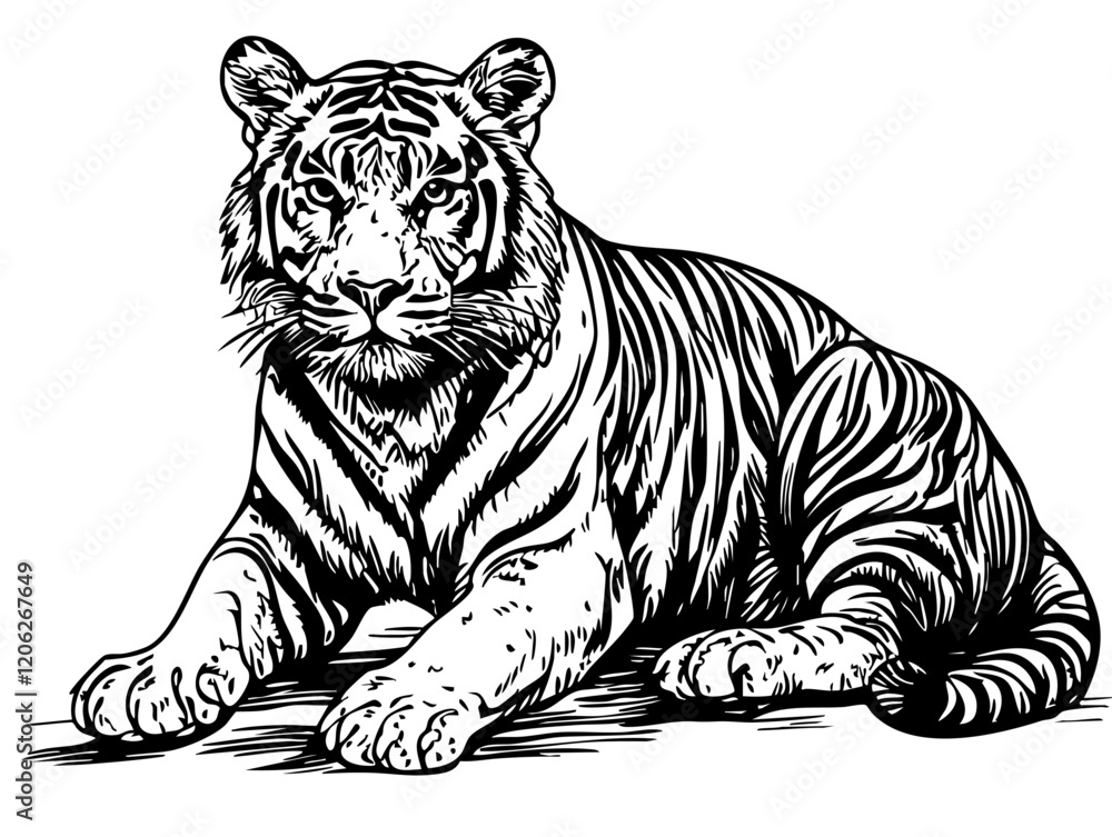 Fototapeta premium Elegant Hand-Drawn Sketch, A Vintage-Style Illustration of Tiger Showcasing Bold Lines and Organic Details with Transparent Background