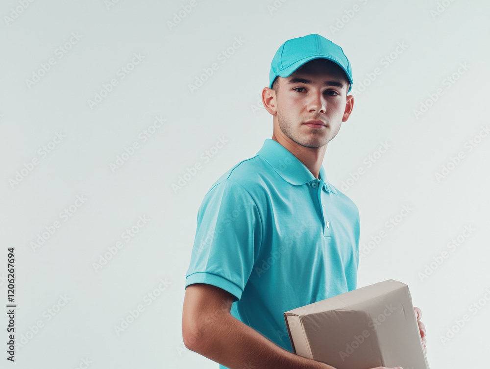 Young delivery person in blue uniform holding a package, standing against a light background in a professional setting ready for a delivery Young delivery person in blue uniform holding a package, standing against a light background in a professional setting ready for a delivery