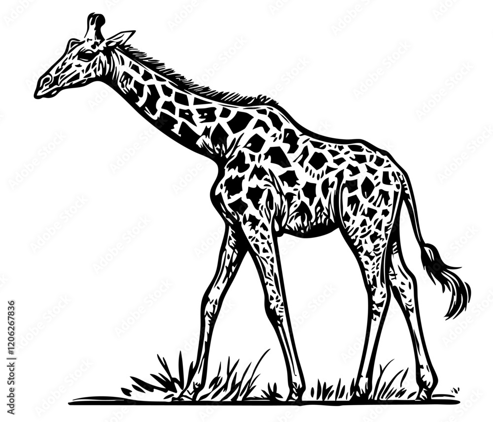 Fototapeta premium Elegant Line Art Sketch, Vintage Illustration of Giraffe, Isolated on Transparent Background, Vector Format