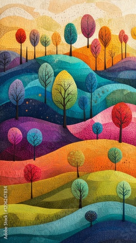 Colorful abstract landscape with vibrant trees and rolling hills under a past...