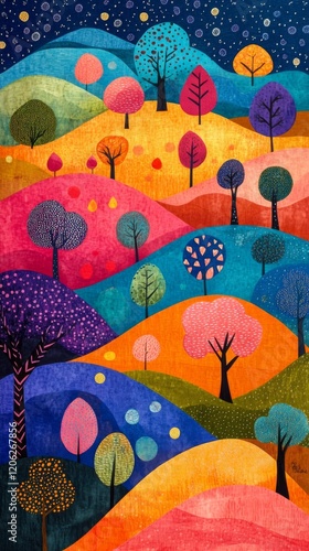 Colorful abstract landscape with vibrant trees and rolling hills under a past...