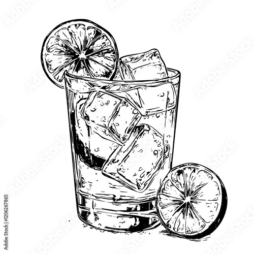 Elegant Line Art Sketch, Vintage Illustration of Hand Drawn Illustration of Gin and Water in Wine, Isolated on Transparent Background, Vector Format