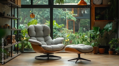Cozy modern room with a stylish armchair and ottoman overlooking a lush garden