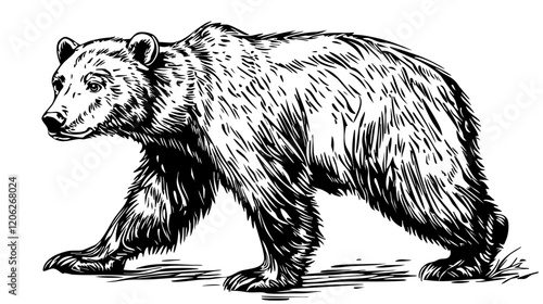 Elegant Line Art Sketch, Vintage Illustration of Polar Bear, Isolated on Transparent Background, Vector Format