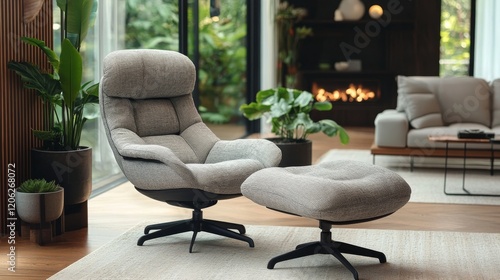 Cozy modern room with a stylish armchair and ottoman overlooking a lush garden