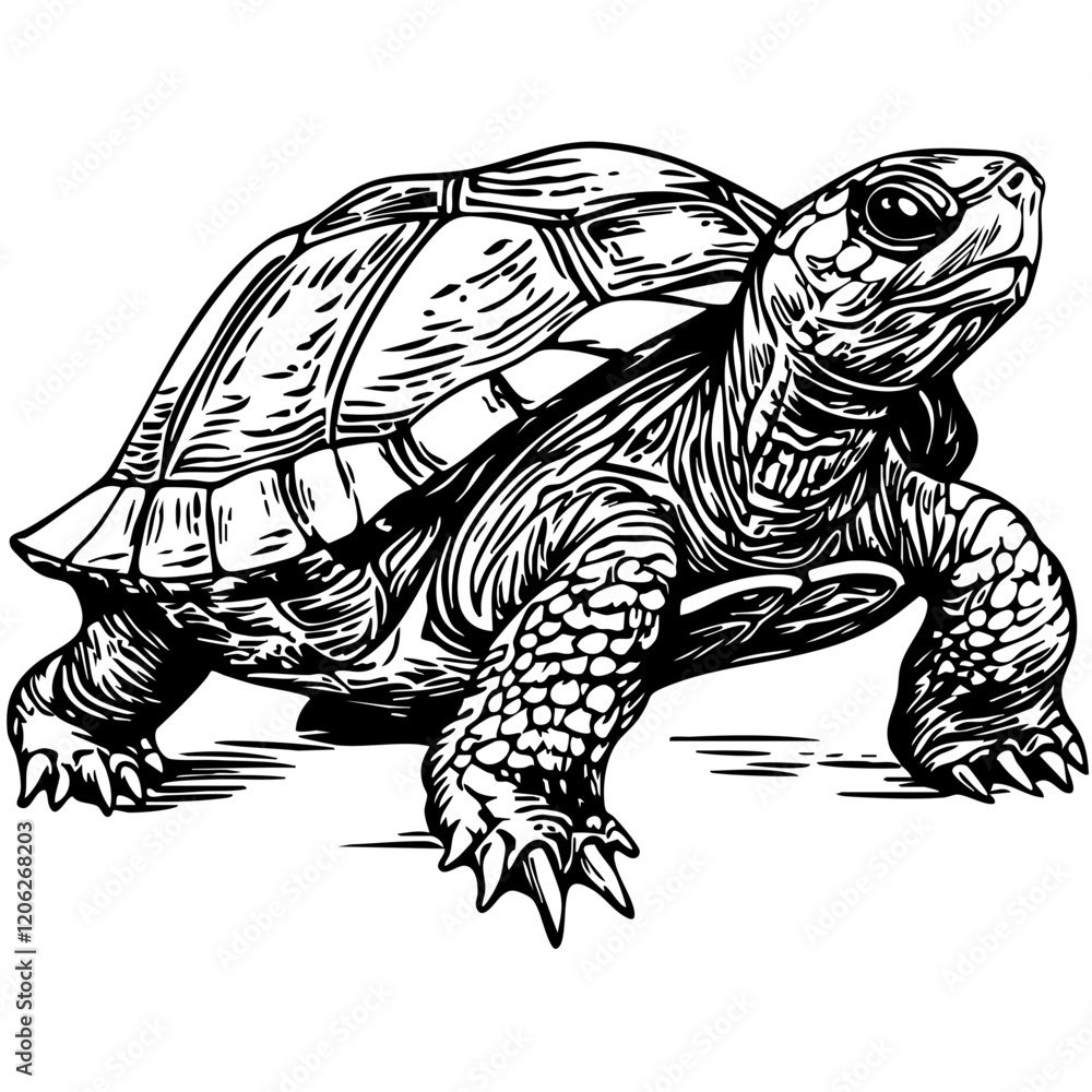 Fototapeta premium Fine Line Art Illustration, A Detailed Sketch of Turtle Featuring Textured Hatching and Monochromatic, vector, no background