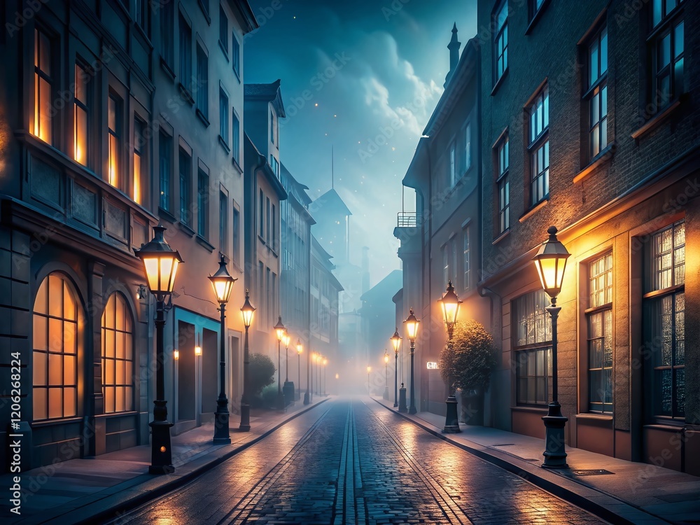 Fototapeta premium Minimalist Fantasy City Street: Ethereal Architecture and Glowing Lights
