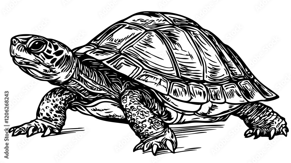 Fototapeta premium Fine Line Art Illustration, A Detailed Sketch of Turtle Featuring Textured Hatching and Monochromatic, vector, no background