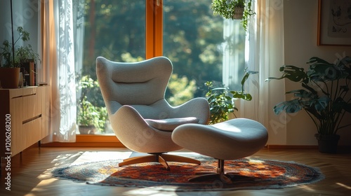 Cozy modern room with a stylish armchair and ottoman overlooking a lush garden