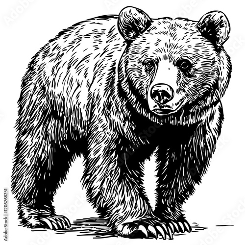 Fine Line Art Illustration, Detailed Sketch of Brown Bear, Transparent Background, Scalable Vector