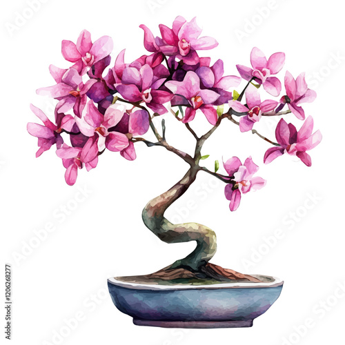 A watercolor clipart of an orchid tree bonsai, highlighting its stunning purple and white orchid flowers and elegant, sculpted branches, isolated on a white background. Bonsai vector.
