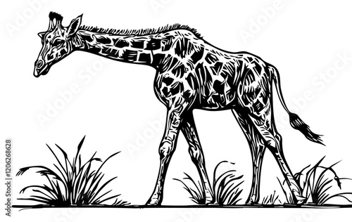 High-Quality Line Drawing Illustration, Giraffe Hand-Drawn Sketch, Transparent Background, Vector Design