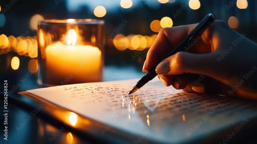 Obraz premium Person's hand is writing in a notebook with a fountain pen, illuminated by the warm glow of a candle in the background