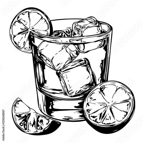 Intricate Hand-Drawn Illustration, Monochrome Sketch of Hand Drawn Illustration of Gin and Water in Wine, No Background, Editable Vector