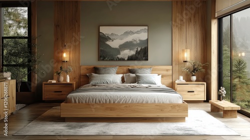 Modern bedroom design featuring natural wood elements and serene mountain vie...