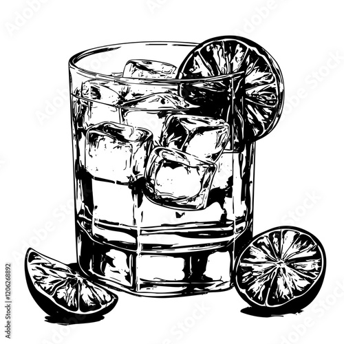 Intricate Hand-Drawn Illustration, Monochrome Sketch of Hand Drawn Illustration of Gin and Water in Wine, No Background, Editable Vector