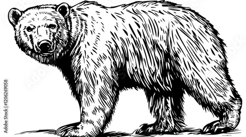 Intricate Hand-Drawn Illustration, Monochrome Sketch of Polar Bear, No Background, Editable Vector