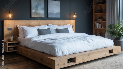 Modern bedroom design featuring natural wood elements and serene mountain vie...