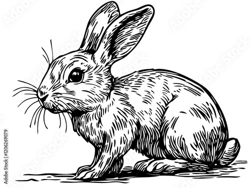 Intricate Hand-Drawn Illustration, Monochrome Sketch of Rabbit, No Background, Editable Vector