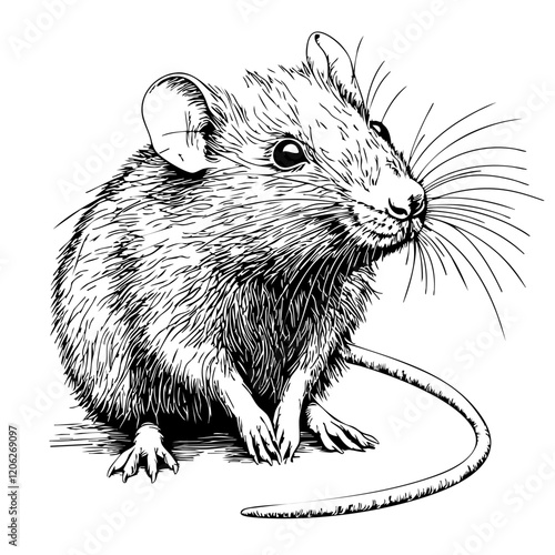 Intricate Line Drawing, A Detailed Monochrome Illustration of Rat with Elegant Textures, Fine Details, and Transparent Background 
